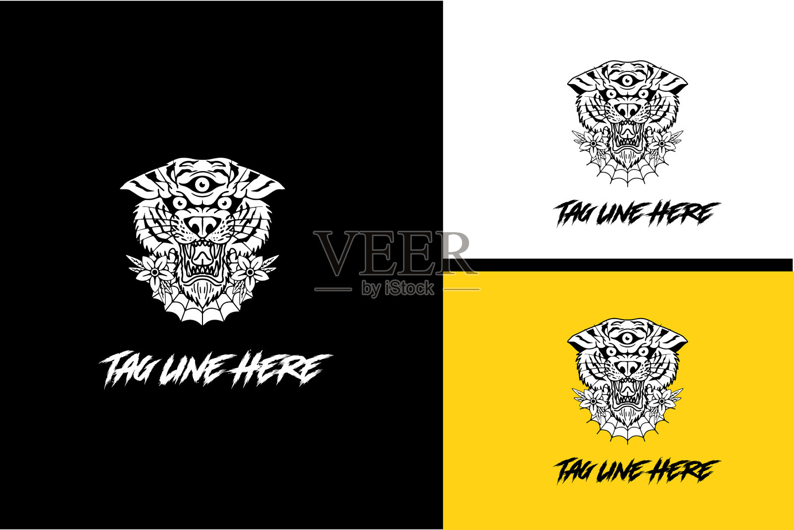 标志头虎3眼黑白相间设计插画图片素材