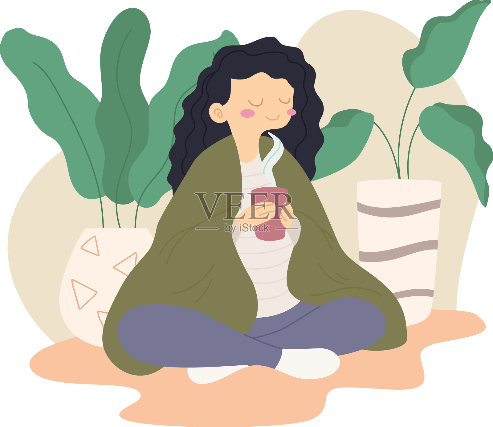 轻松冷女人茶杯居家植物hygge插画图片素材