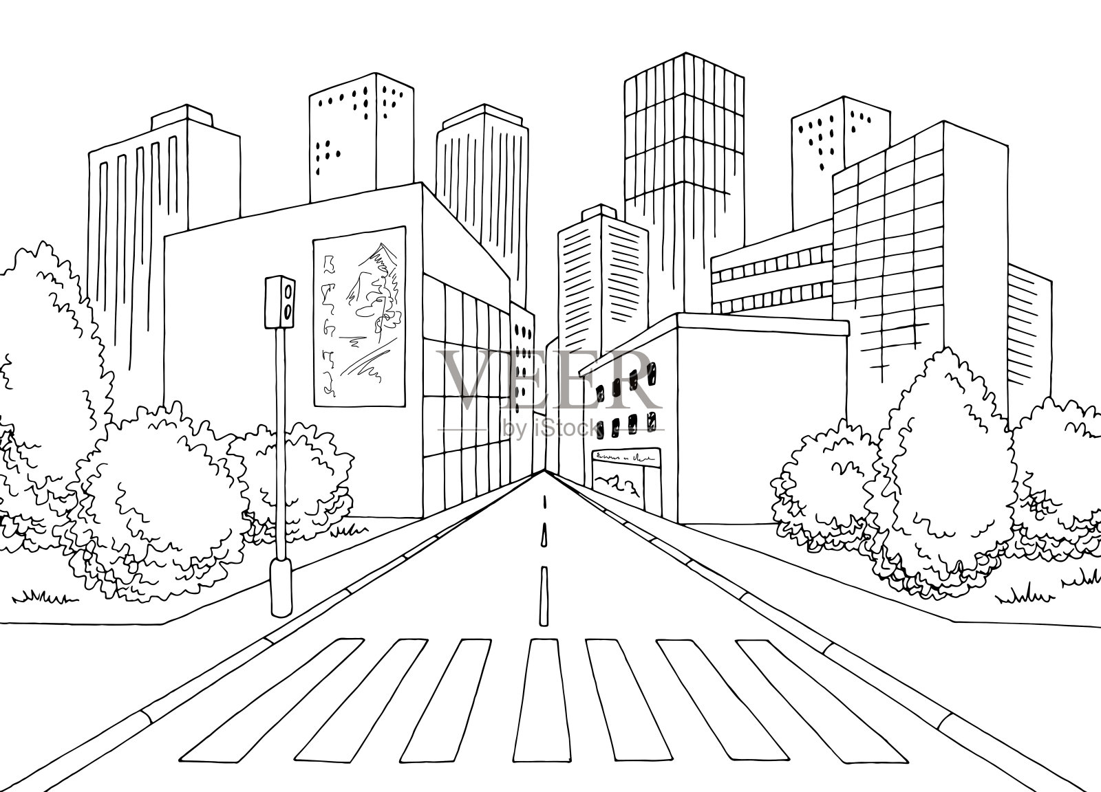 人行横道街道道路图形黑白城市景观素描插图矢量插画图片素材