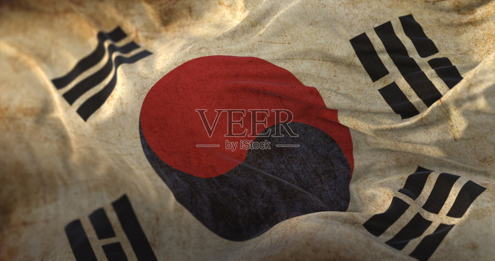 古老的韩国国旗迎风飘扬照片摄影图片
