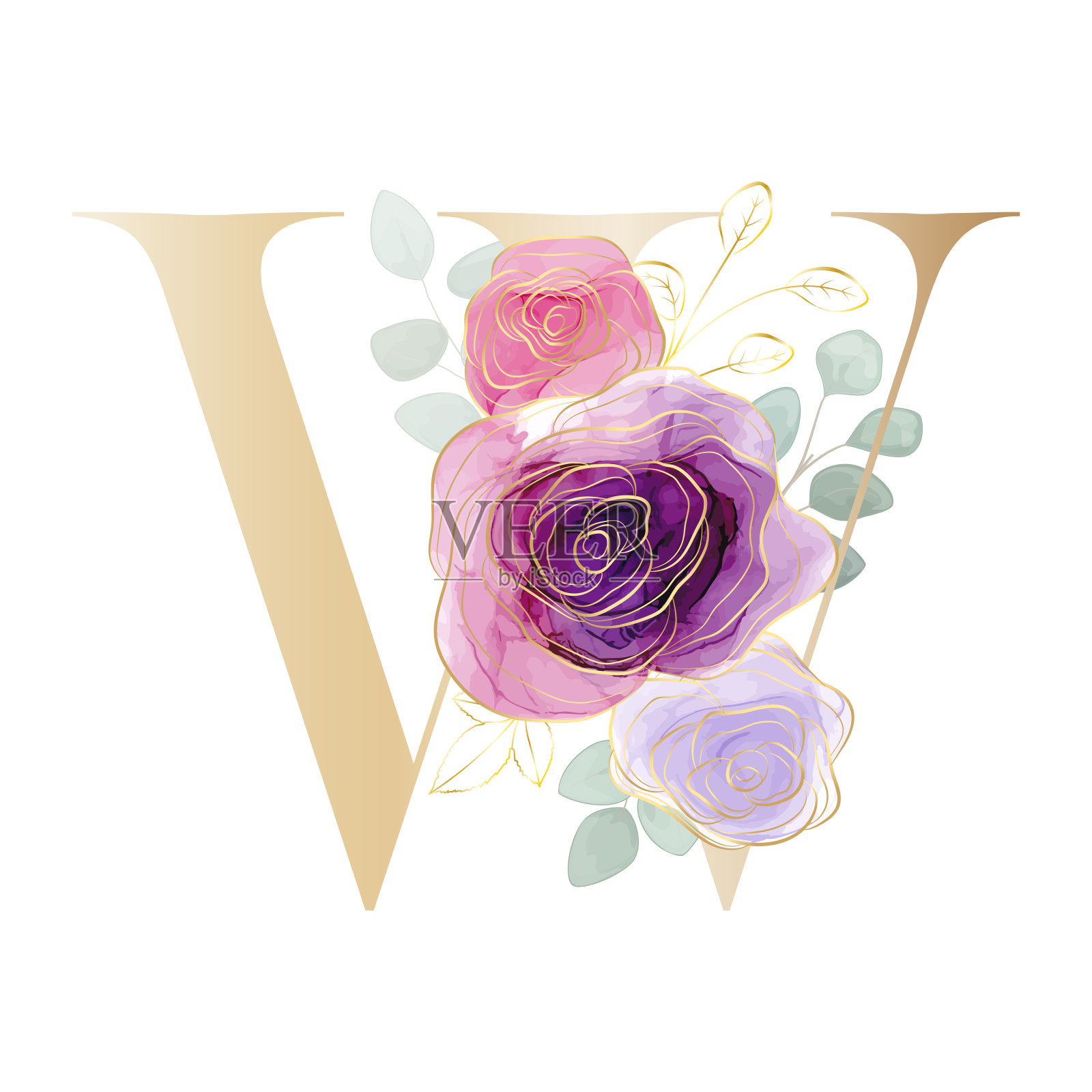 花的字母表。带着植物花束的信。矢量插图。插画图片素材