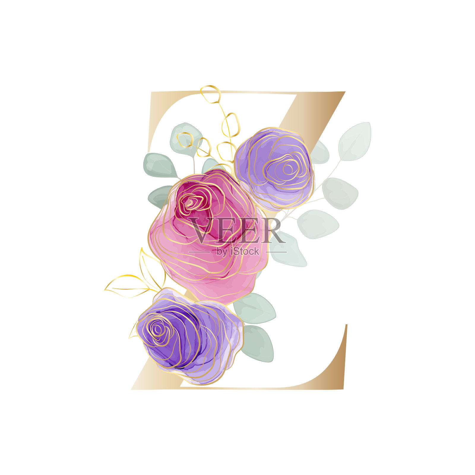 花的字母表。带着植物花束的信。矢量插图。插画图片素材