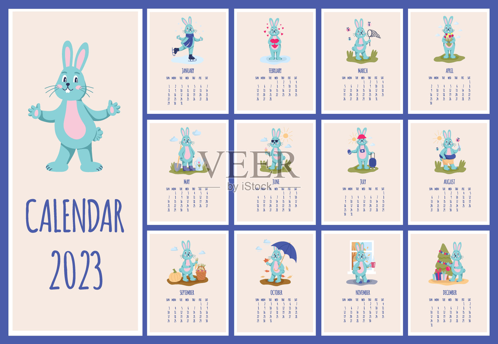 2023年的日历上有兔子这个角色。小兔子忙于日常事务，是一年的象征。平面向量插图设计模板素材