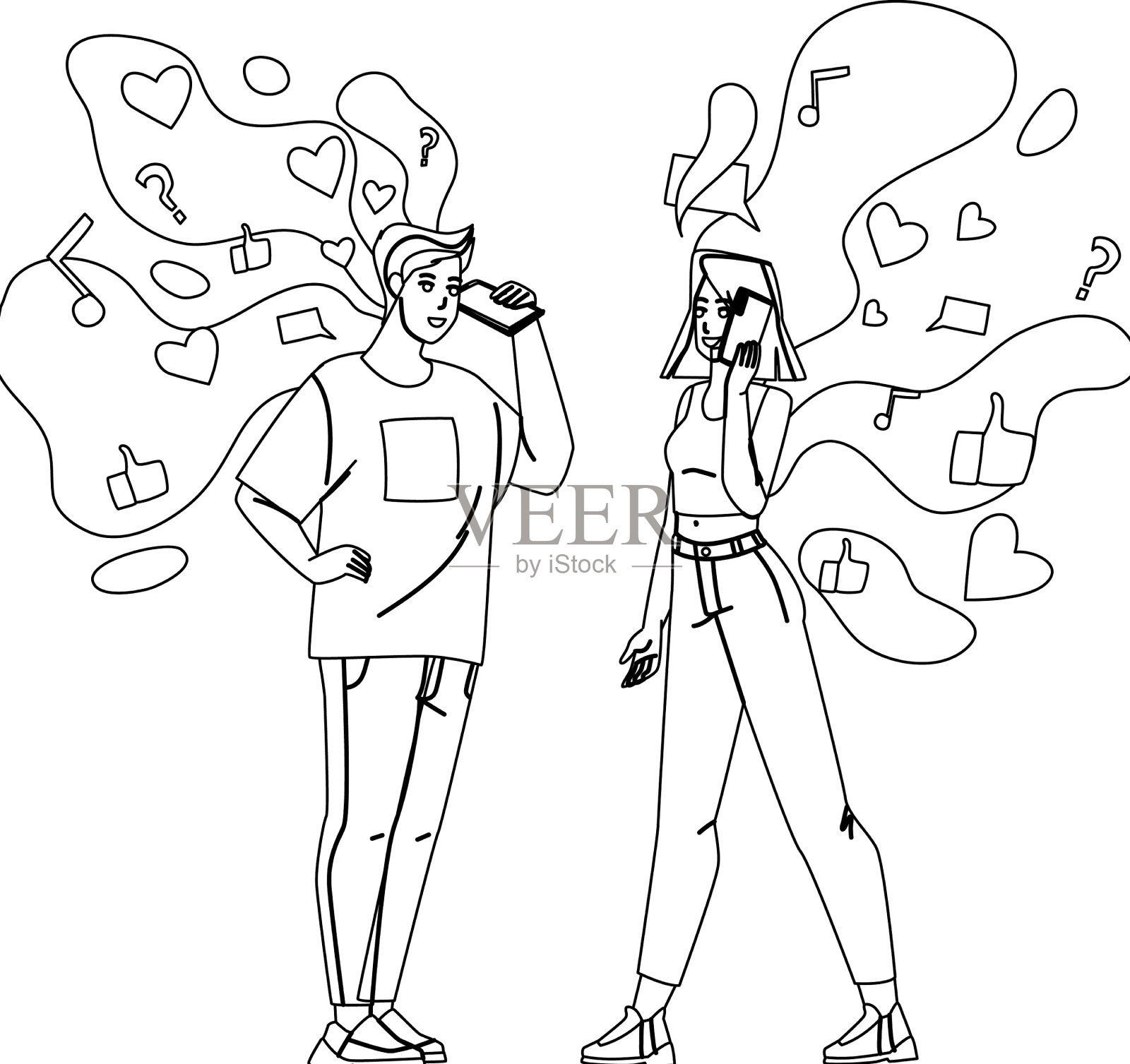 男孩和女孩一起听社交媒体设计元素图片