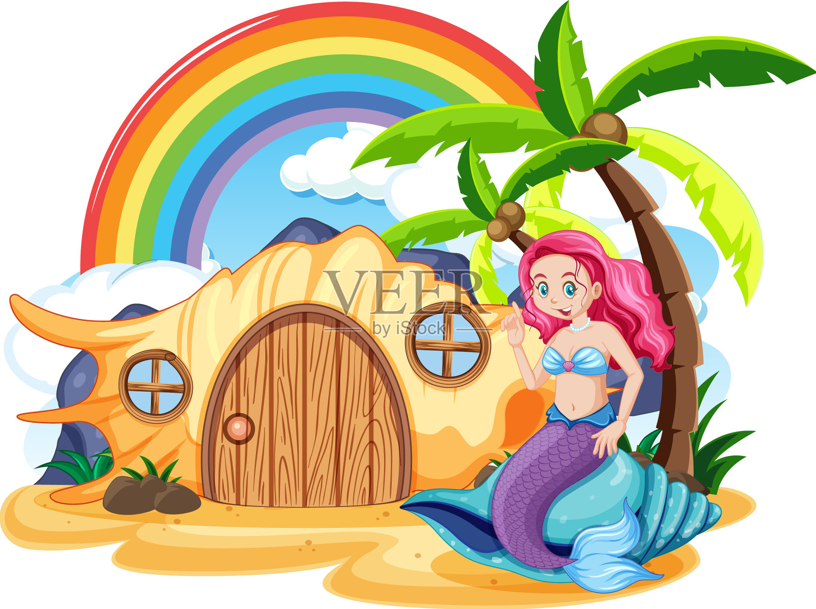 岛上的贝壳屋和美人鱼设计元素图片