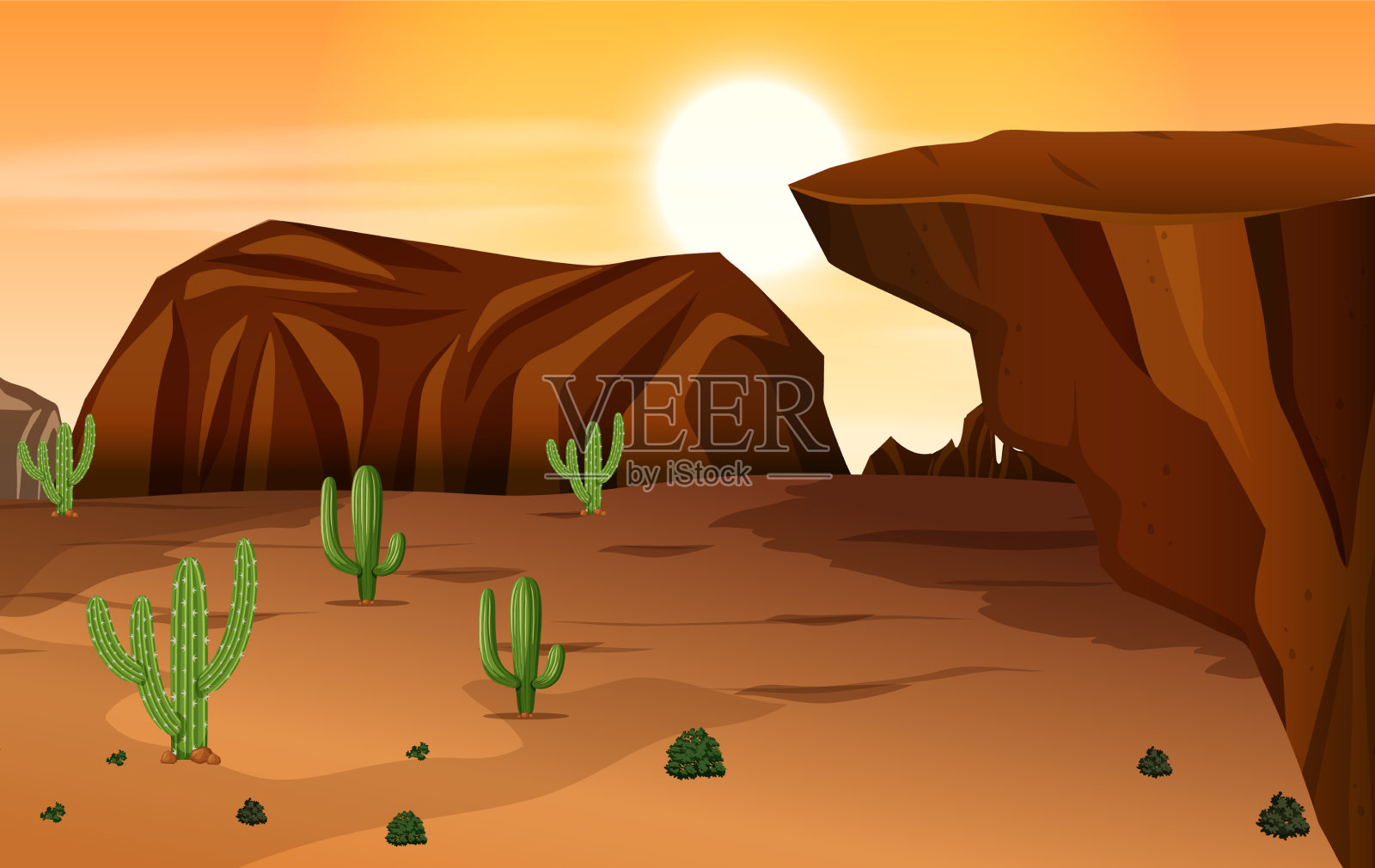 沙漠中有仙人掌的场景插画图片素材