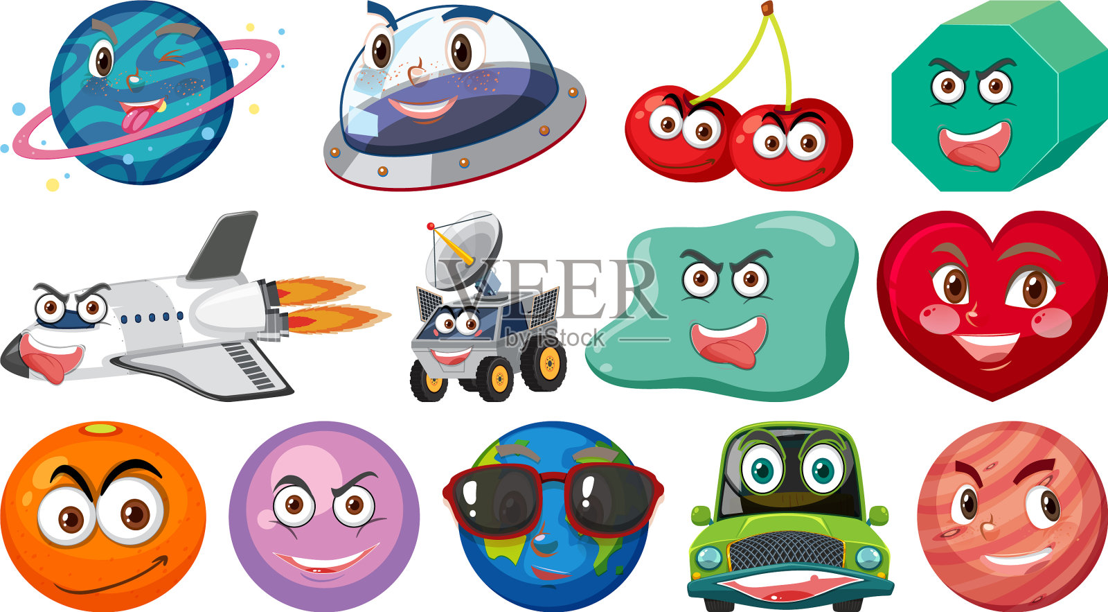 一套不同的玩具对象与笑脸设计元素图片