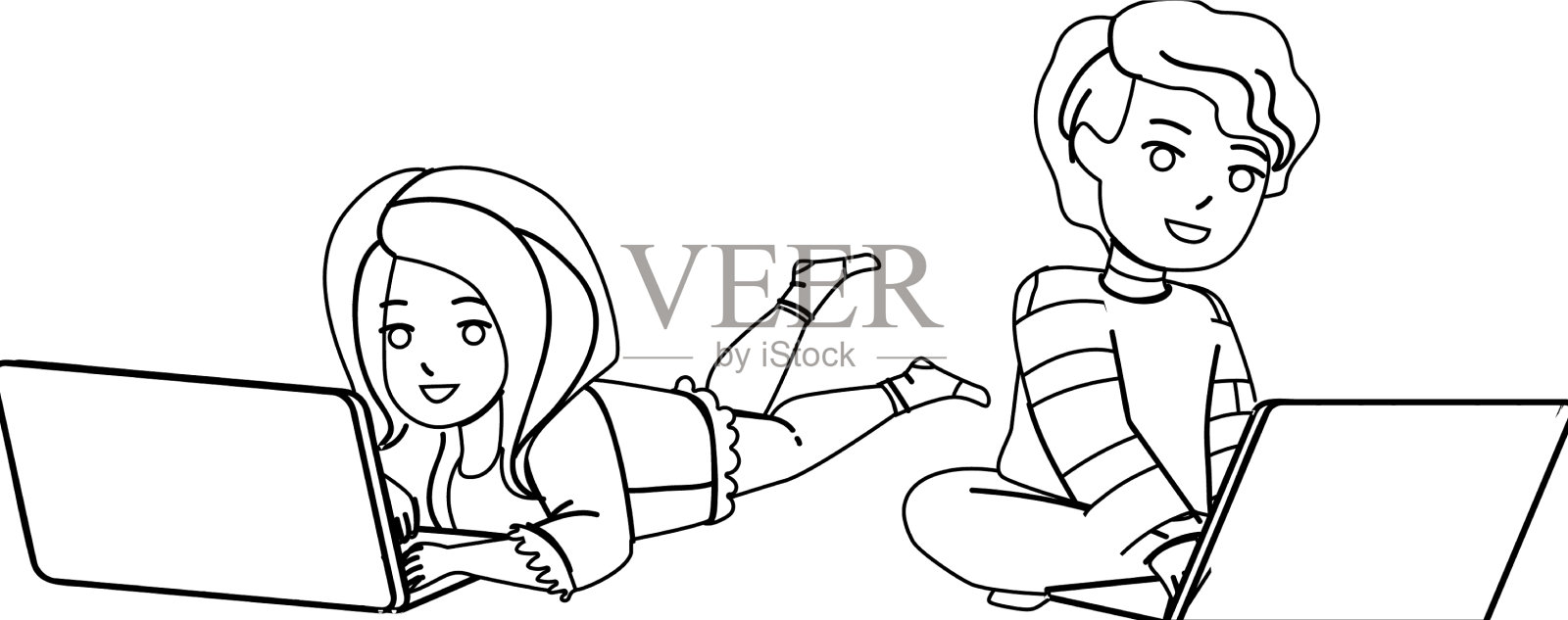 男孩和女孩在笔记本电脑上玩设计元素图片