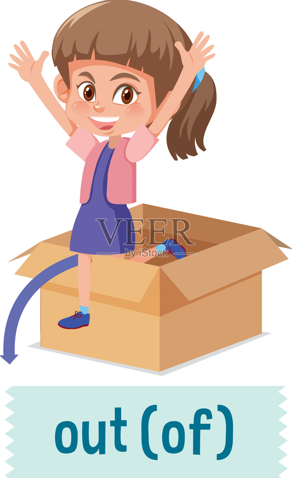 地点介词与卡通女孩和一个盒子设计元素图片