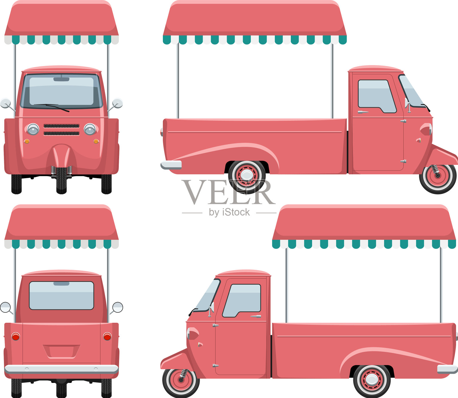 粉色食品卡车模板侧正面背面视图插画图片素材
