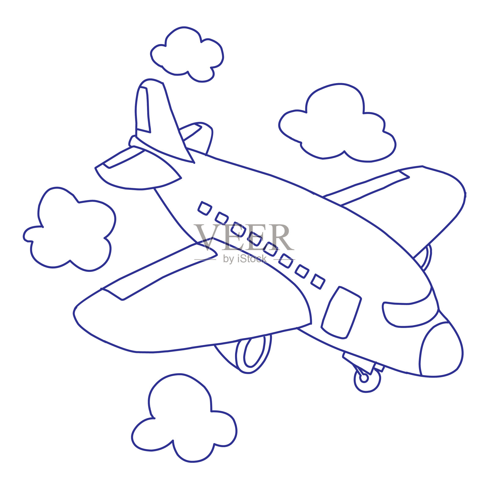 卡通涂鸦线性飞机孤立在白色插画图片素材