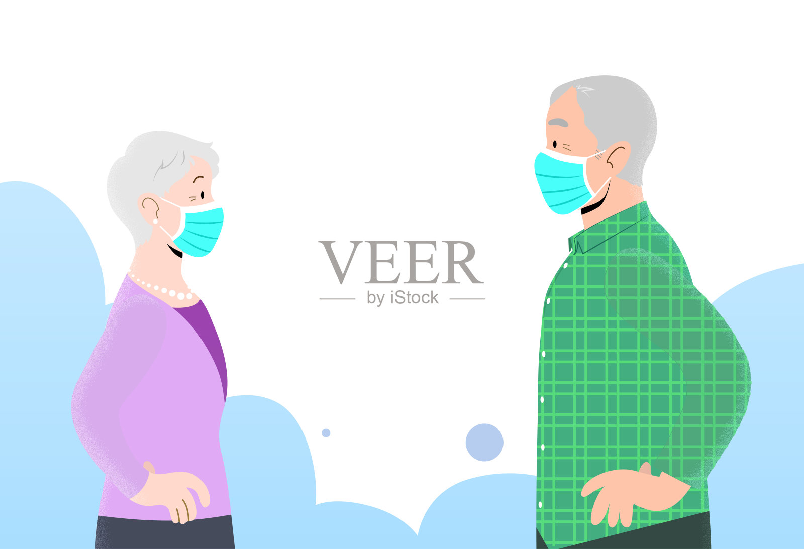 一对高级男性和高级女性肖像档案戴着外科防护口罩。插画图片素材