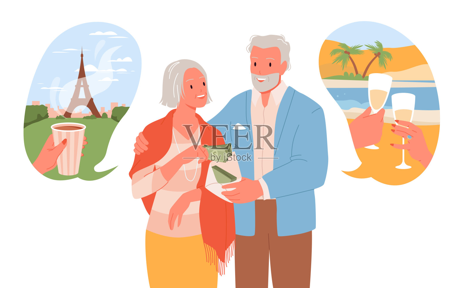 老人为将来的度假攒钱，奶奶和爷爷拿着信封插画图片素材