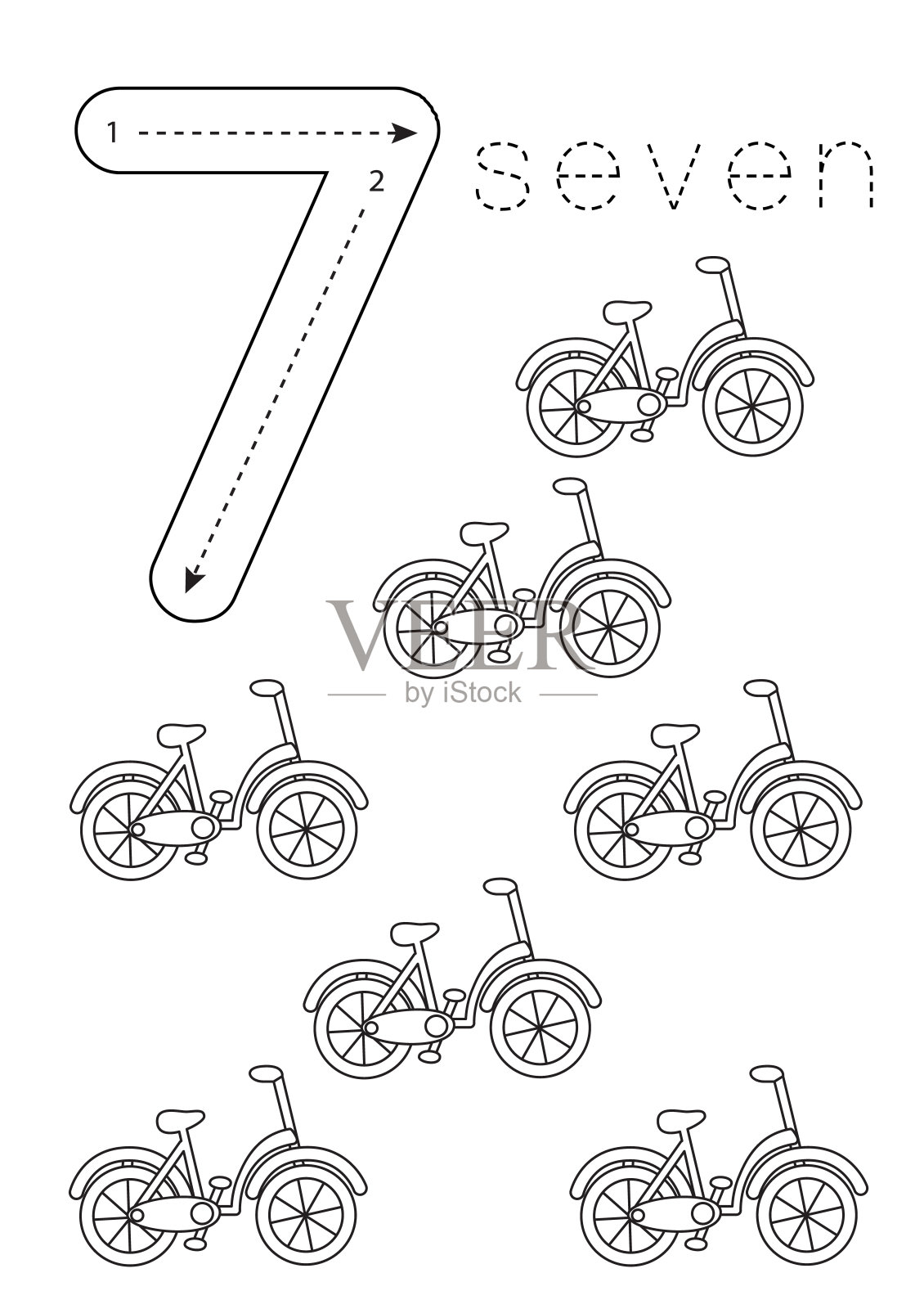 抽认卡数字7。幼儿园工作表。黑白相间的运输工具。插画图片素材