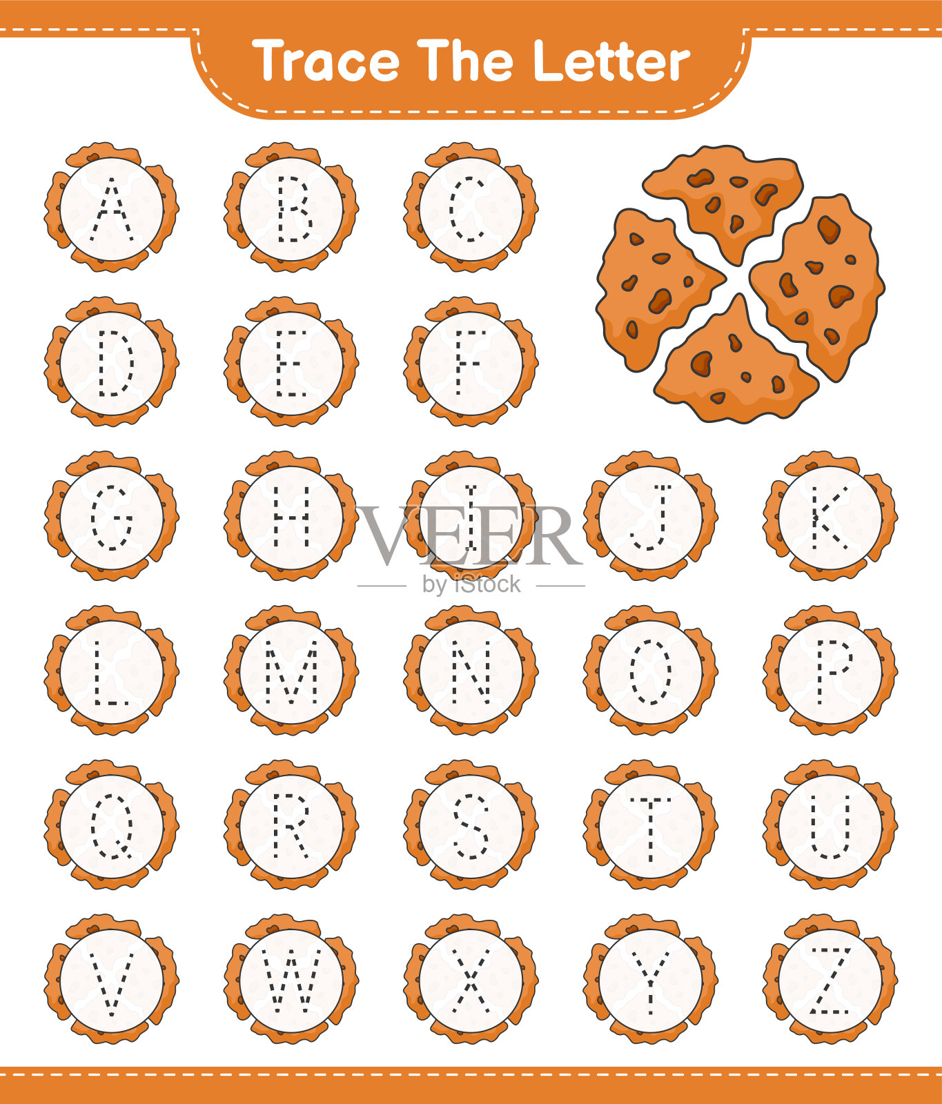 跟踪信。用Cookie追踪字母字母。教育儿童游戏，可打印的工作表，矢量插图插画图片素材