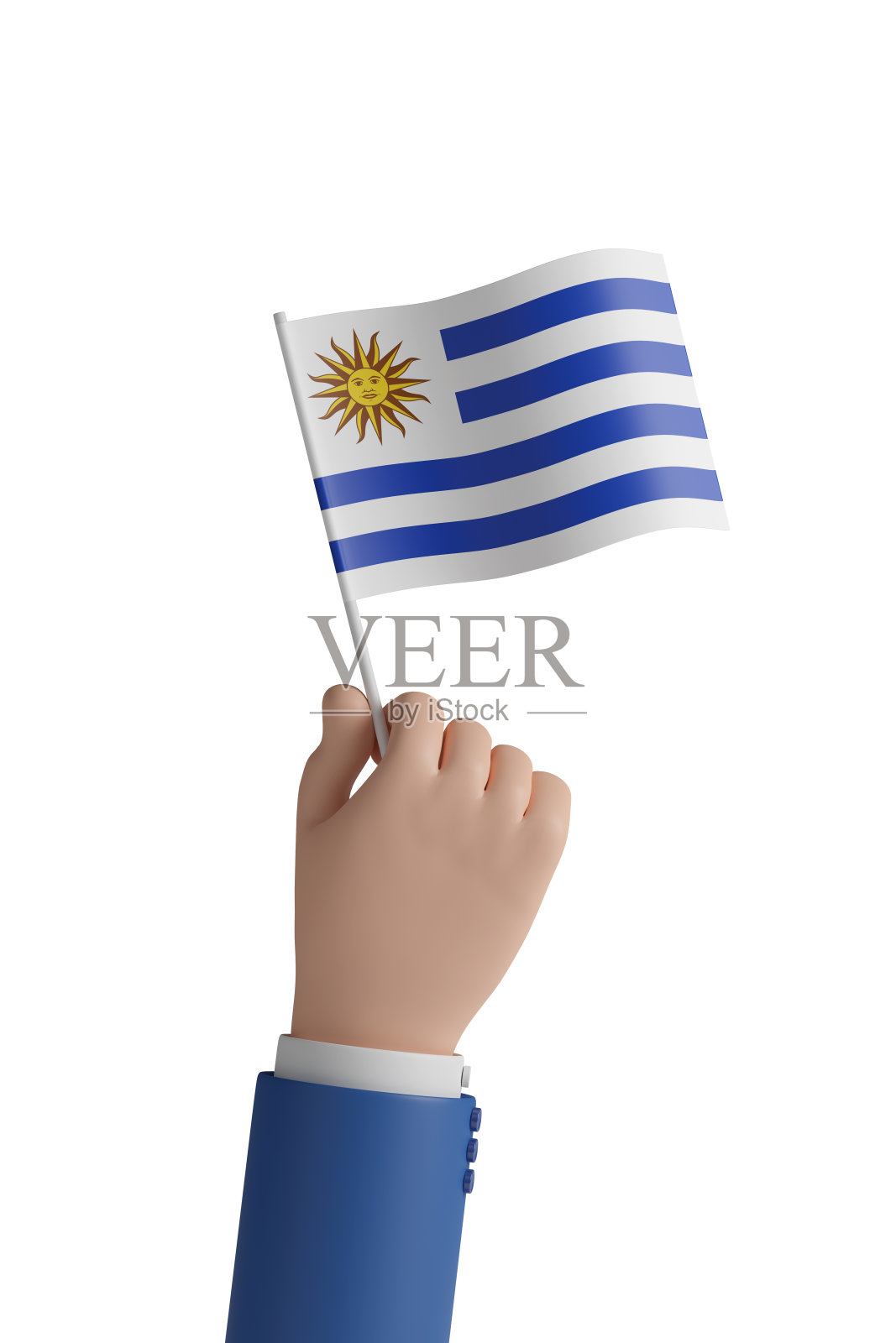 乌拉圭国旗的卡通手。3d插图。照片摄影图片