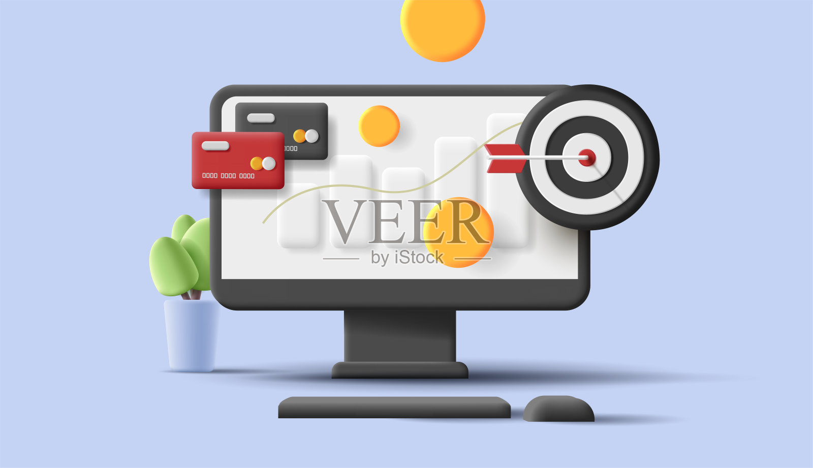 3d电脑图标与商业属性，信用卡，目标受众和货币硬币插画图片素材