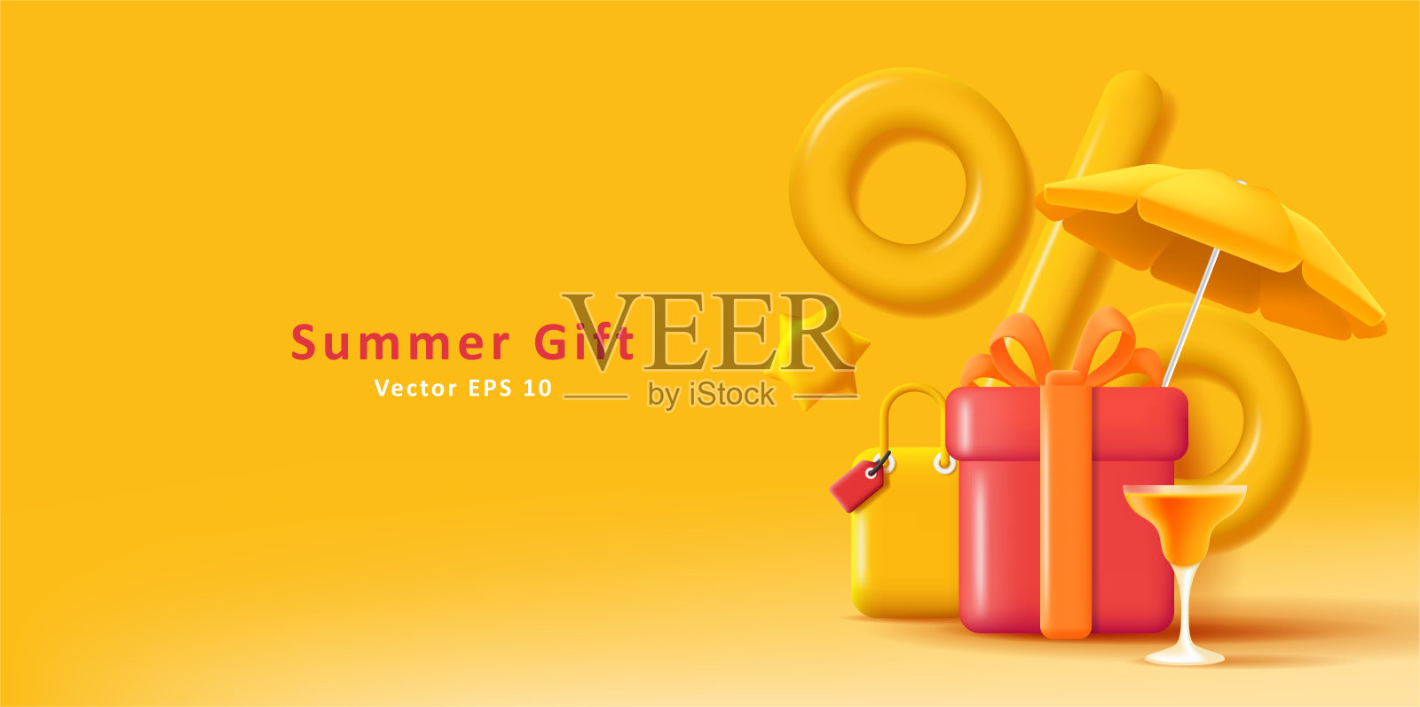 夏季3d合成礼盒和雨伞手提箱，旅游度假优惠插画图片素材