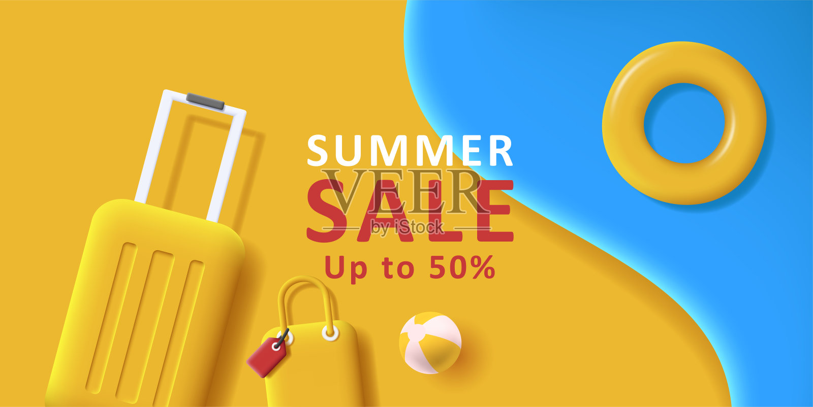 夏季销售折扣与海洋和海滩的背景与旅行箱和游泳圈设计模板素材