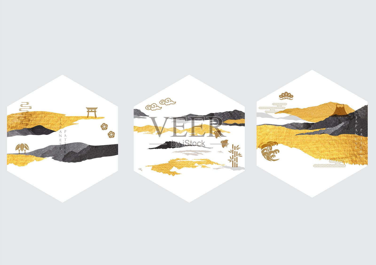 具有日本波浪图案的抽象景观插画图片素材