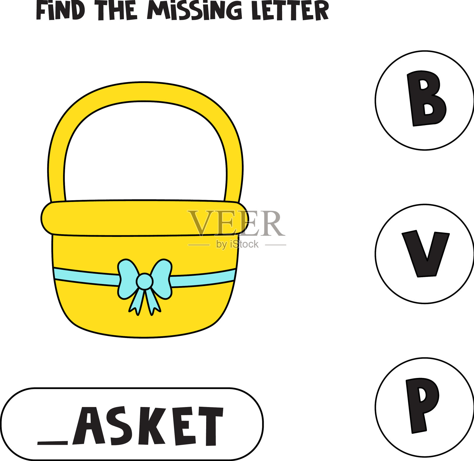 用可爱的篮子拼写找到丢失的字母插画图片素材