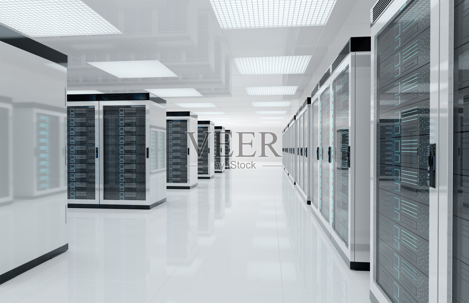 白色服务器的中心机房有3D渲染的电脑和存储系统照片摄影图片