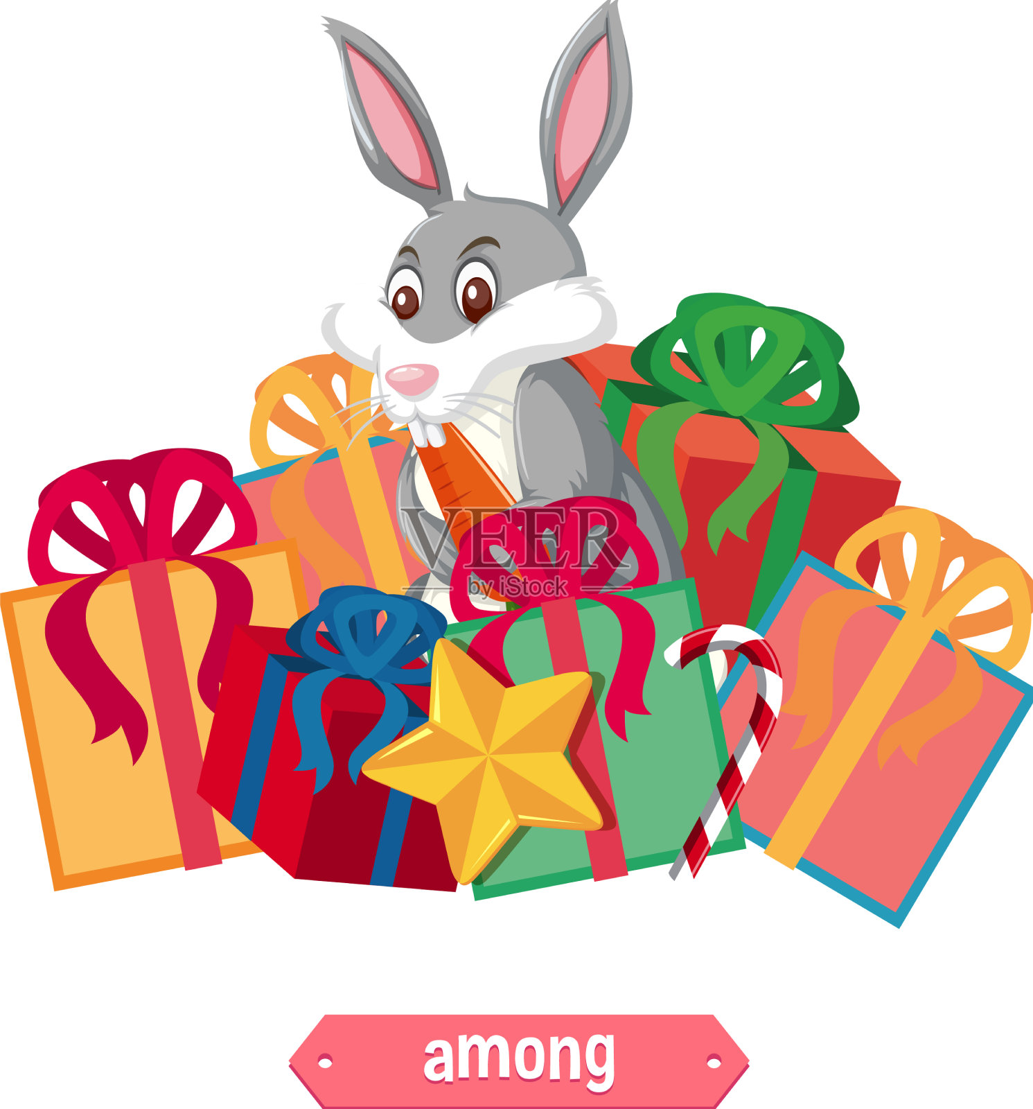 介词卡片与兔子和盒子设计元素图片