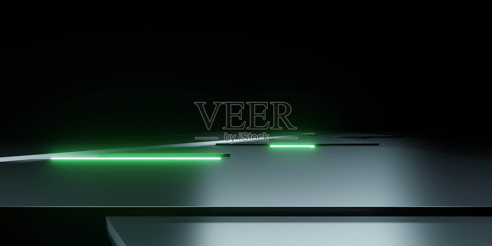 3d渲染黑色和绿色的抽象几何背景与霓虹灯发光。场景广告，陈列室，技术，未来，现代，体育，元宇宙。科幻插图。产品显示照片摄影图片