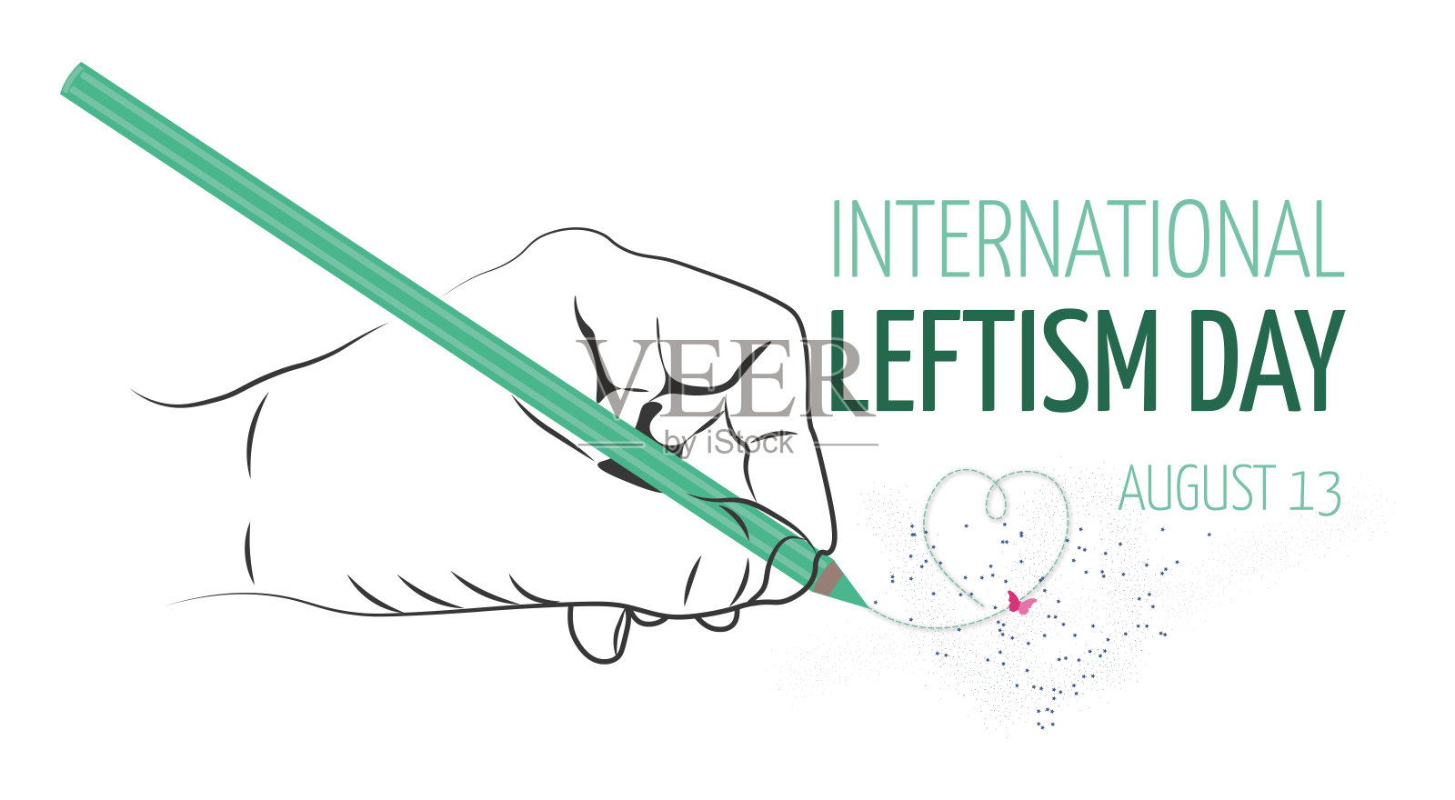 国际左派观点。用彩色铅笔在白色背景上画一个心的手的剪影。平面向量。 8月13日插画图片素材