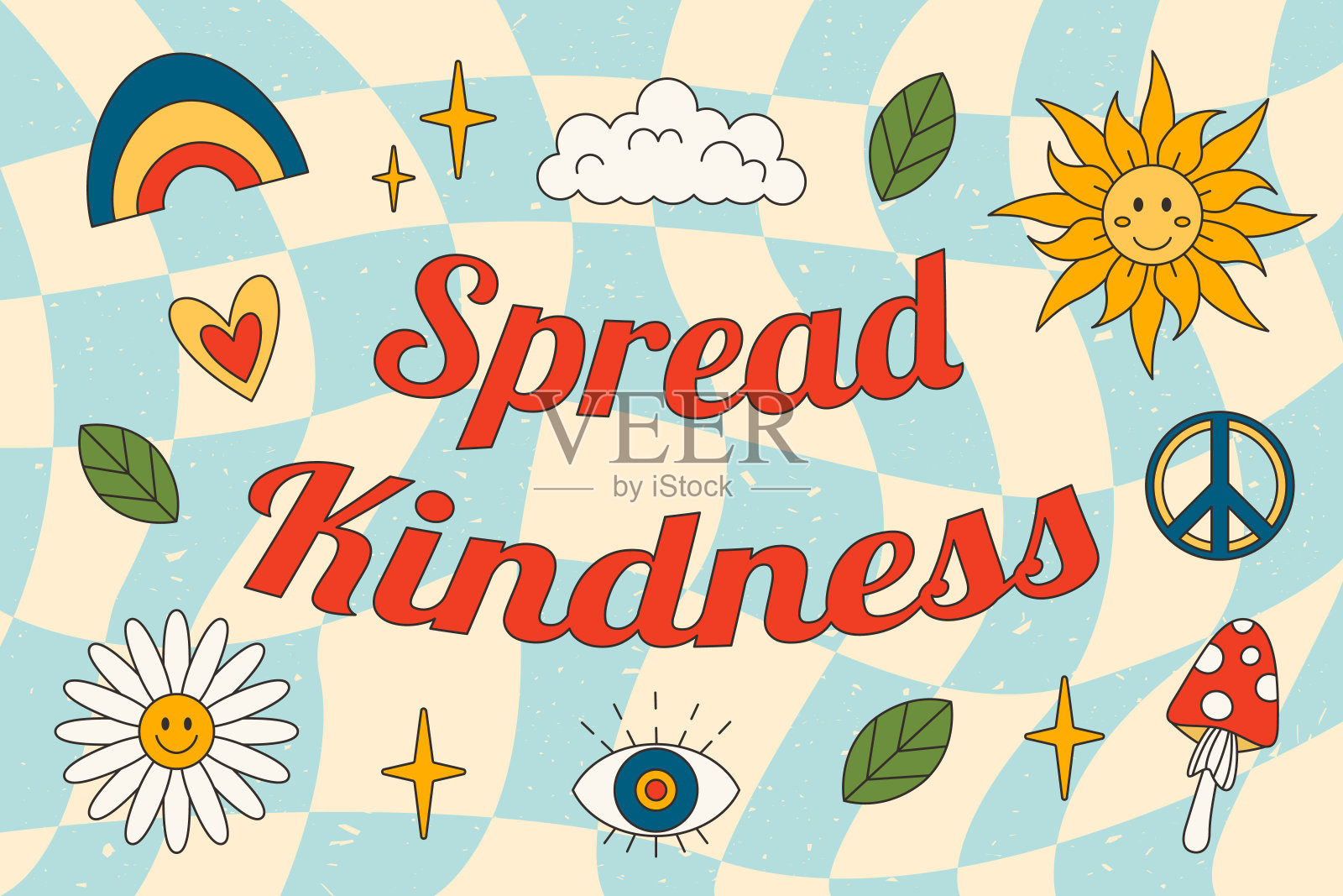 1970-1979复古的“传播善意”标语，用蘑菇，彩虹，阳光，嬉皮士标志，洋甘菊。70年代复古风格矢量海报。插画图片素材
