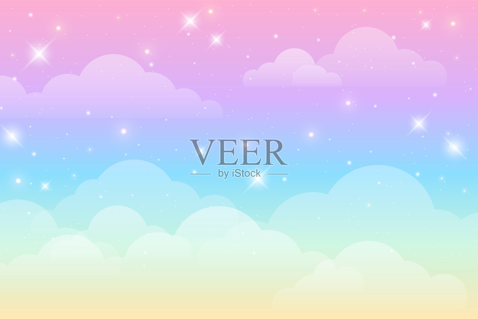 彩虹独角兽背景云和星星。淡色的天空。神奇的景观，抽象的神话般的图案。可爱的糖果壁纸。向量。插画图片素材