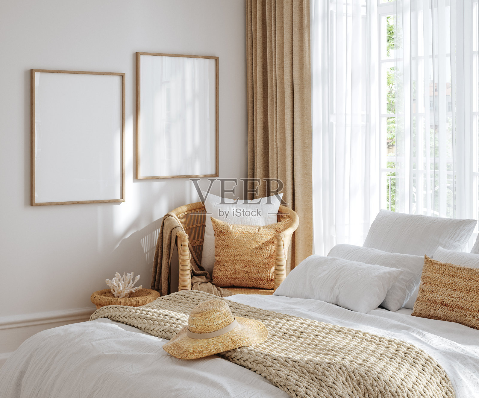 家庭模型，卧室内部背景藤家具和空框架，沿海风格照片摄影图片