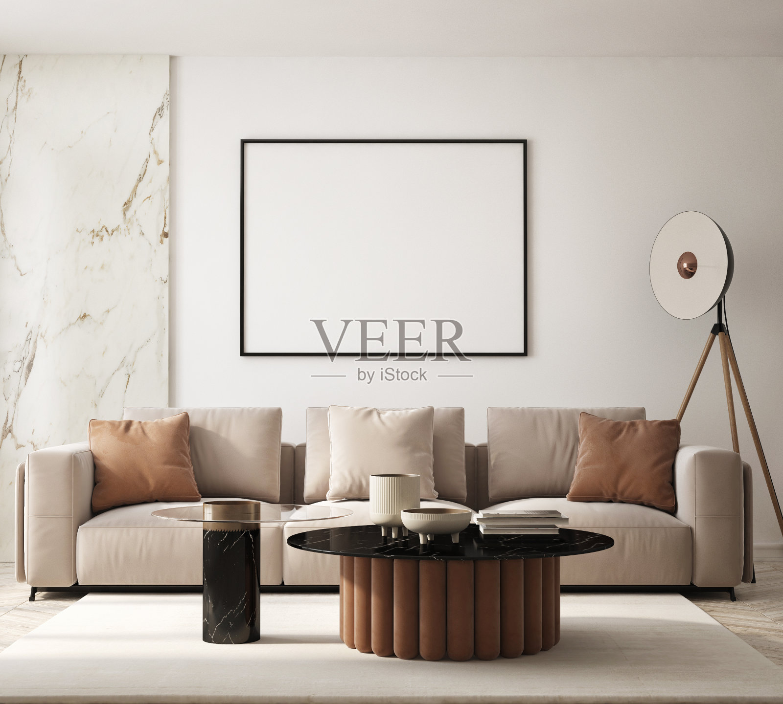 模拟海报框架在现代室内背景，客厅，斯堪的纳维亚风格，3D渲染，3D插图照片摄影图片