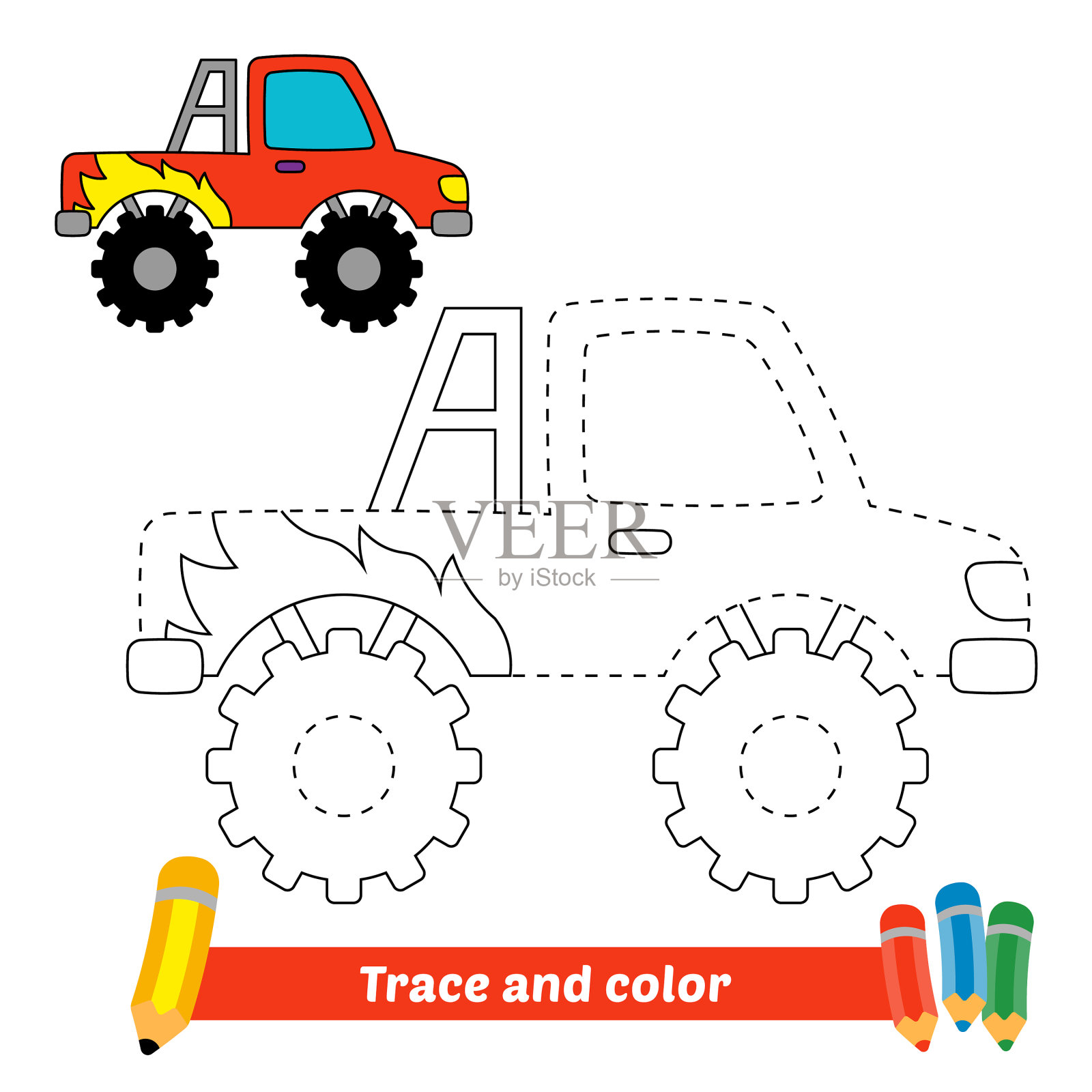 孩子们的怪物卡车的痕迹和颜色插画图片素材