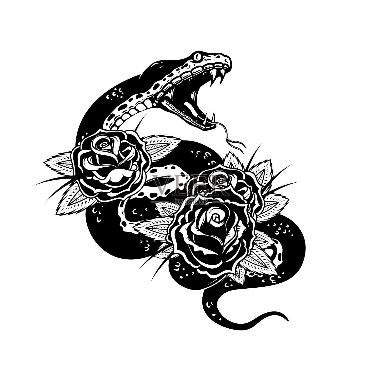 蛇的背景与玫瑰。设计元素为海报，t恤，卡片，横幅。矢量图插画图片素材