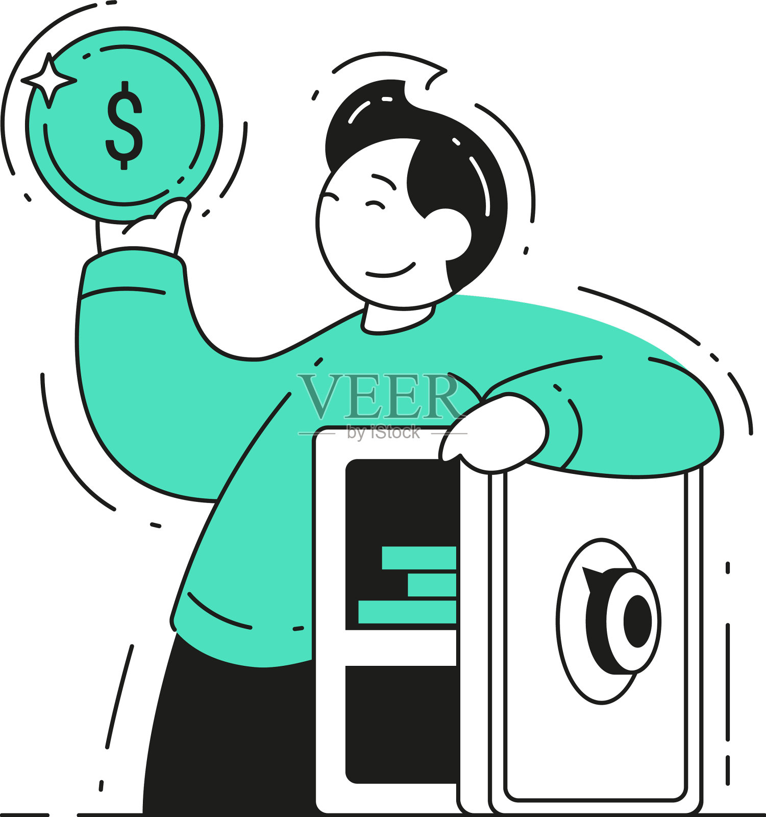 快乐的富人把现金，硬币，美元放进去设计元素图片