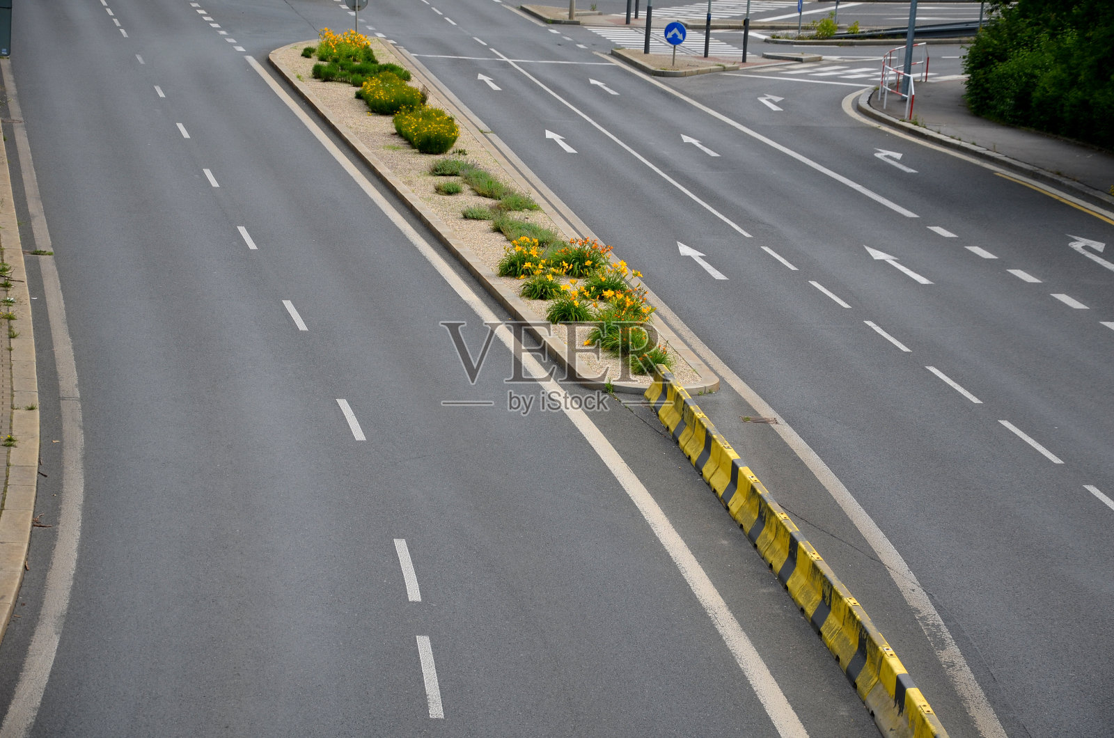 横条纹为交通标志。公路上的混凝土路障。车辆车道分隔符。黄色带黑色条纹。在高速公路的车道之间种着蓝色的多年生植物照片摄影图片