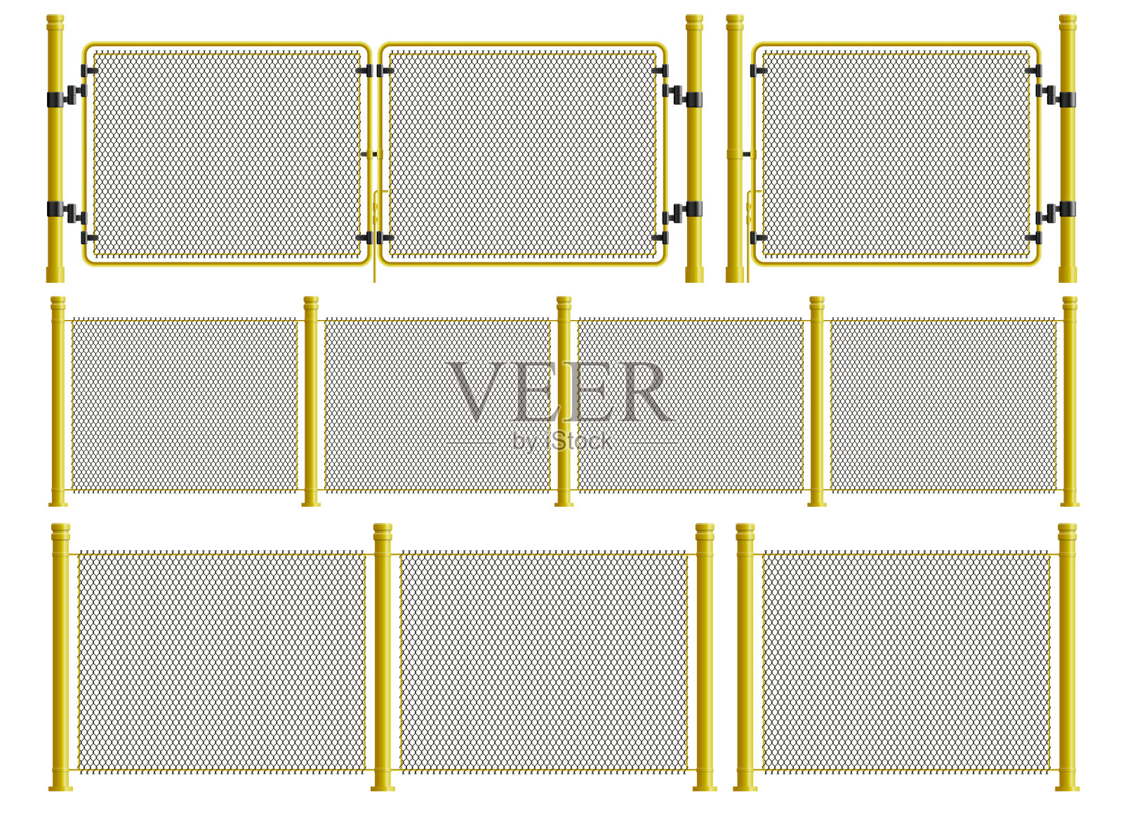 采用写实风格的金属丝栅栏和大门设置插画图片素材