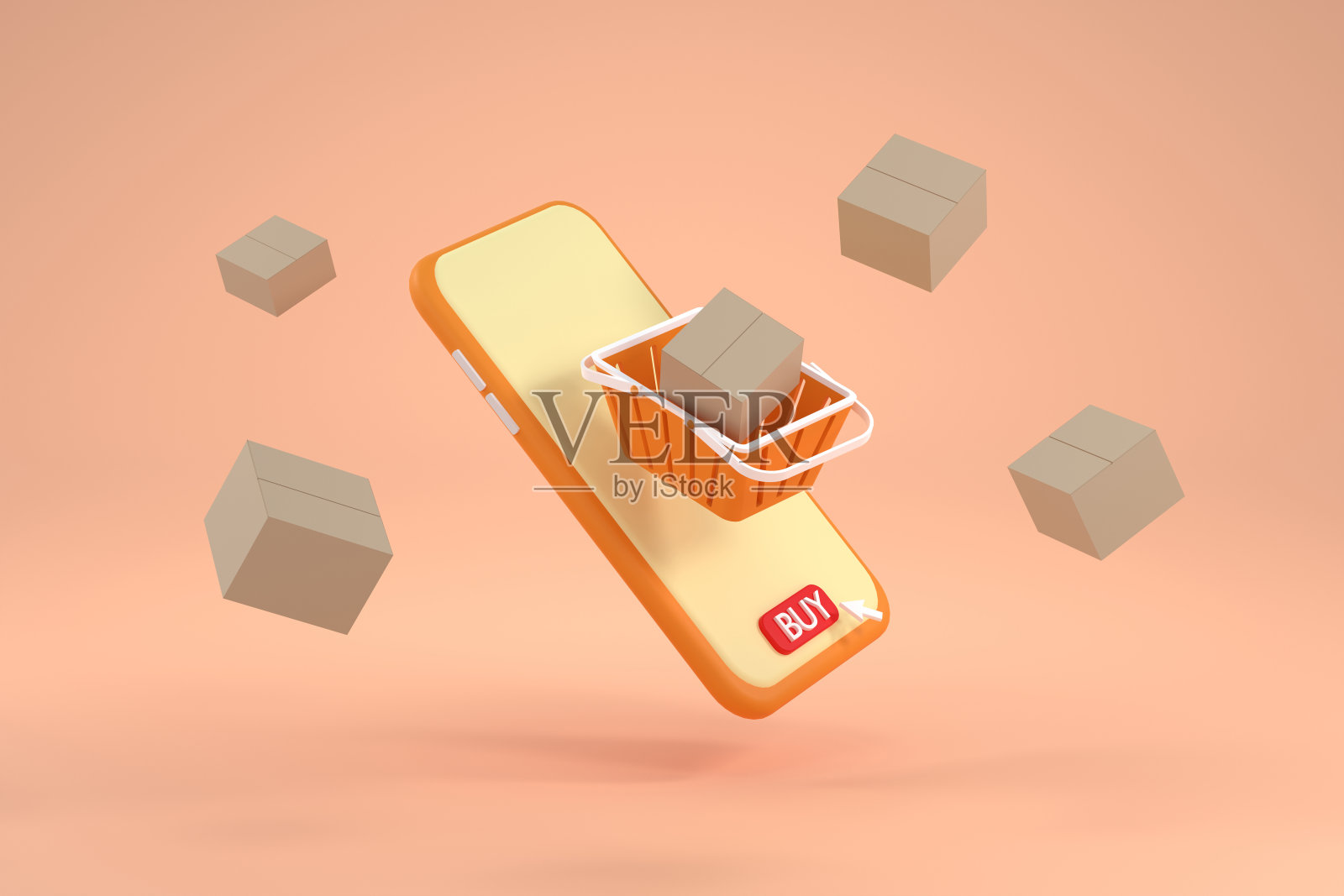 包裹盒放在一个购物篮里，全部放在智能手机屏幕上。快递和网上购物的概念，照片摄影图片