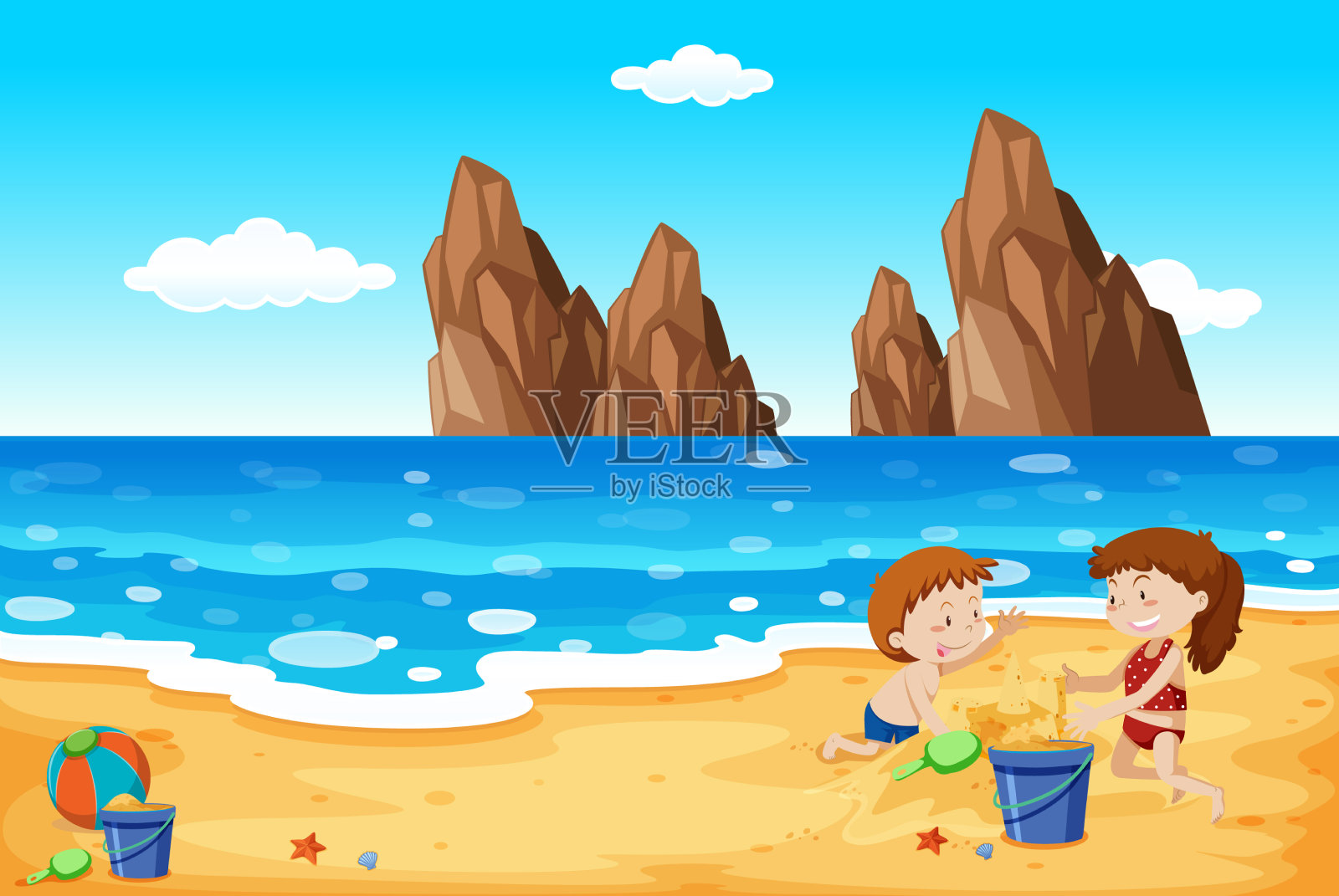 人们在海滩上的场景插画图片素材