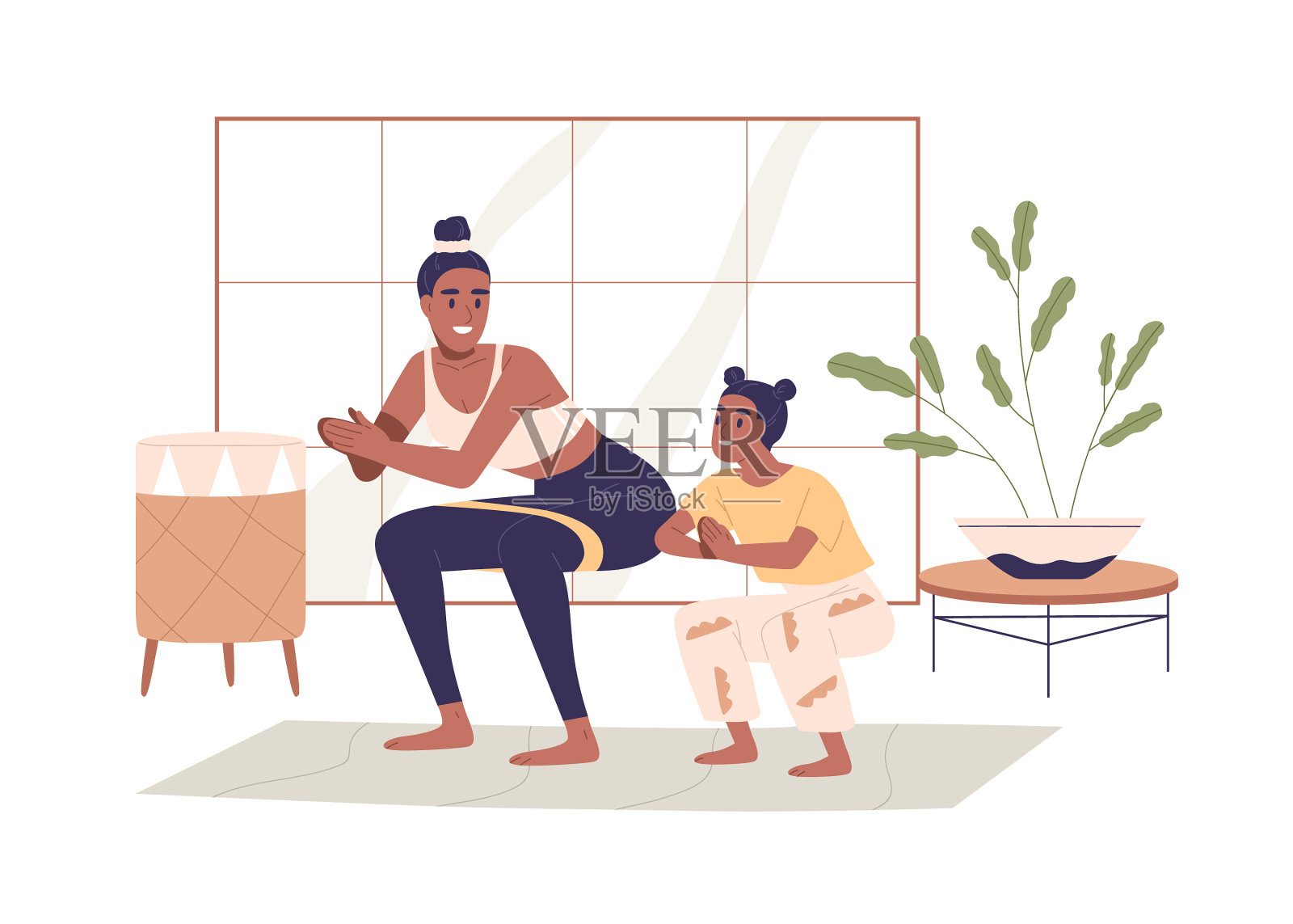 家庭母亲和女儿在家里锻炼设计元素图片