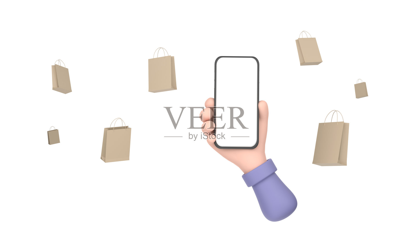 使用智能手机和一堆纸袋，购物概念照片摄影图片