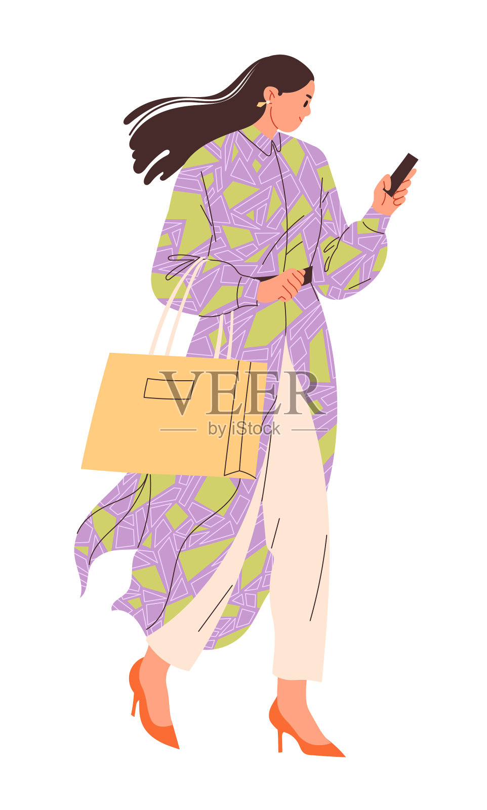 年轻女子走出商店，带着智能手机设计元素图片