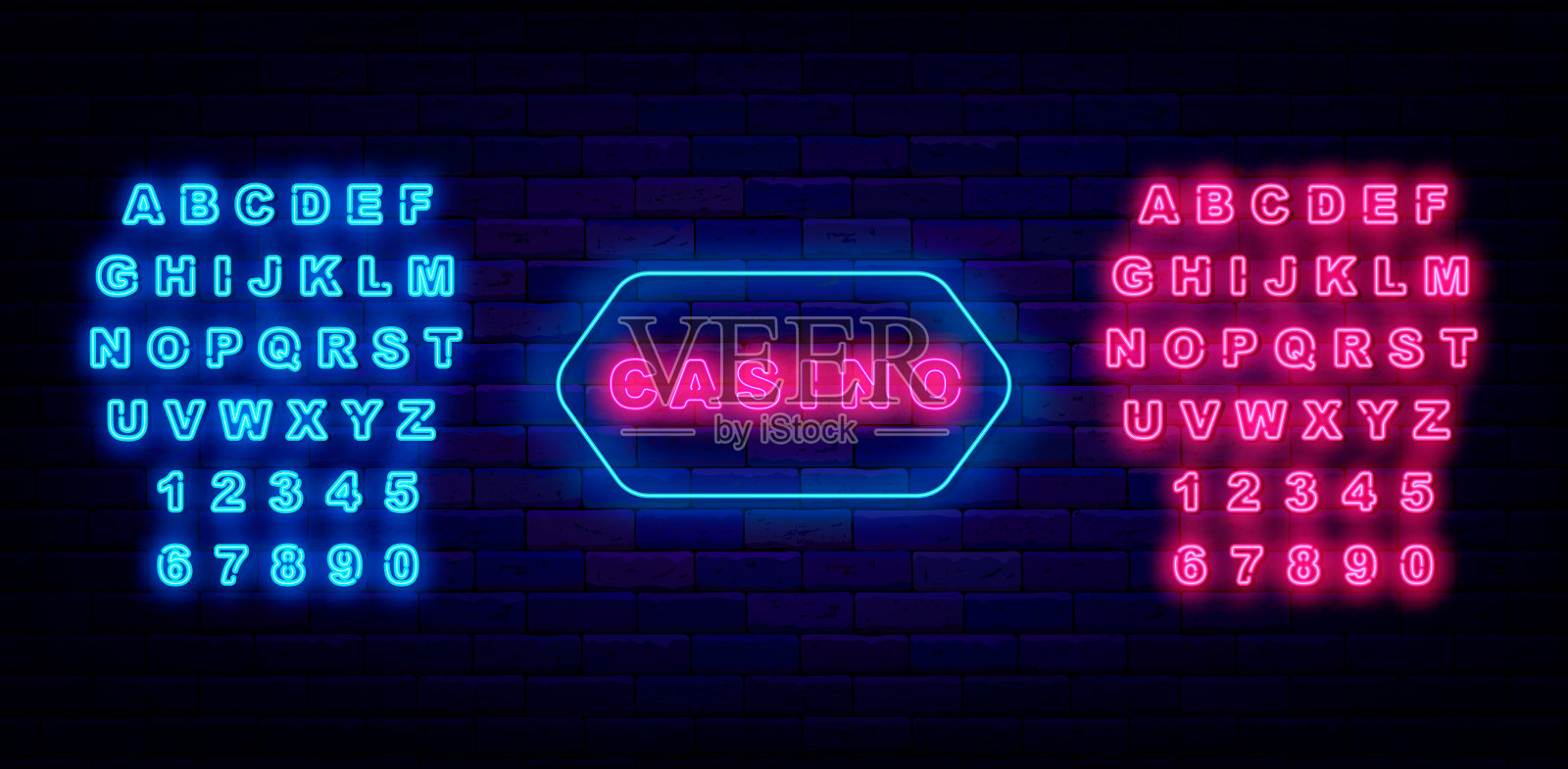 赌场霓虹灯招牌在老式框架。闪亮的蓝色和粉色字母。网络游戏标签。向量股票插图插画图片素材