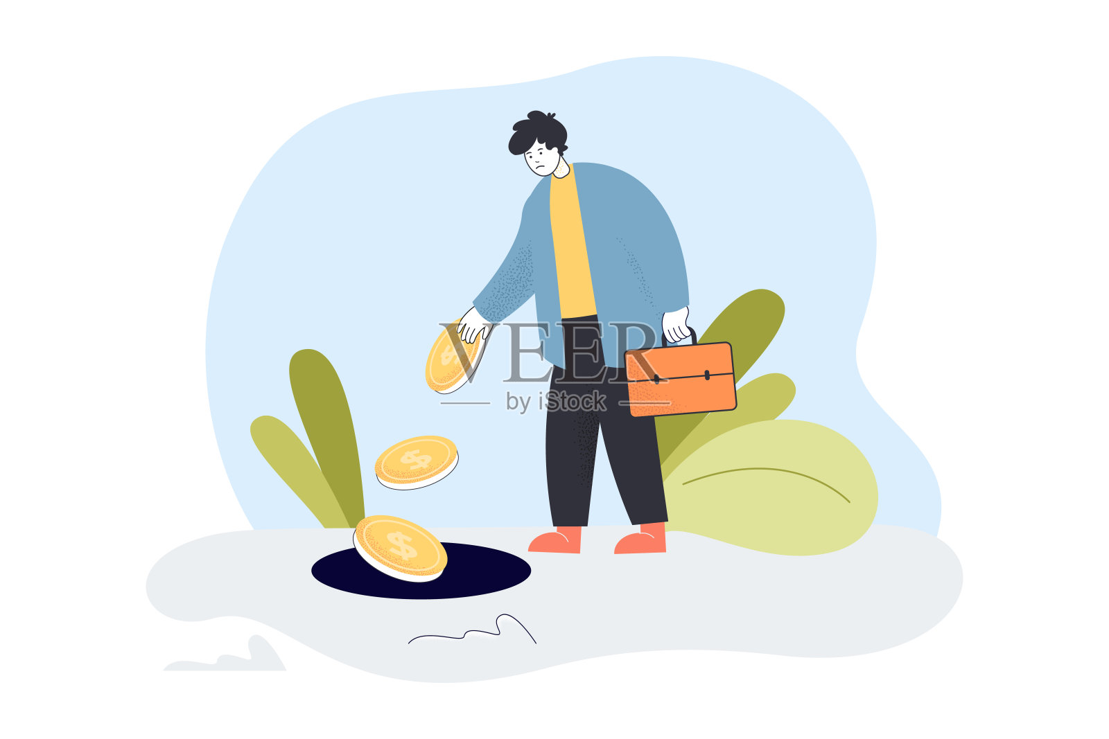 可悲的商人把钱扔进坑里插画图片素材