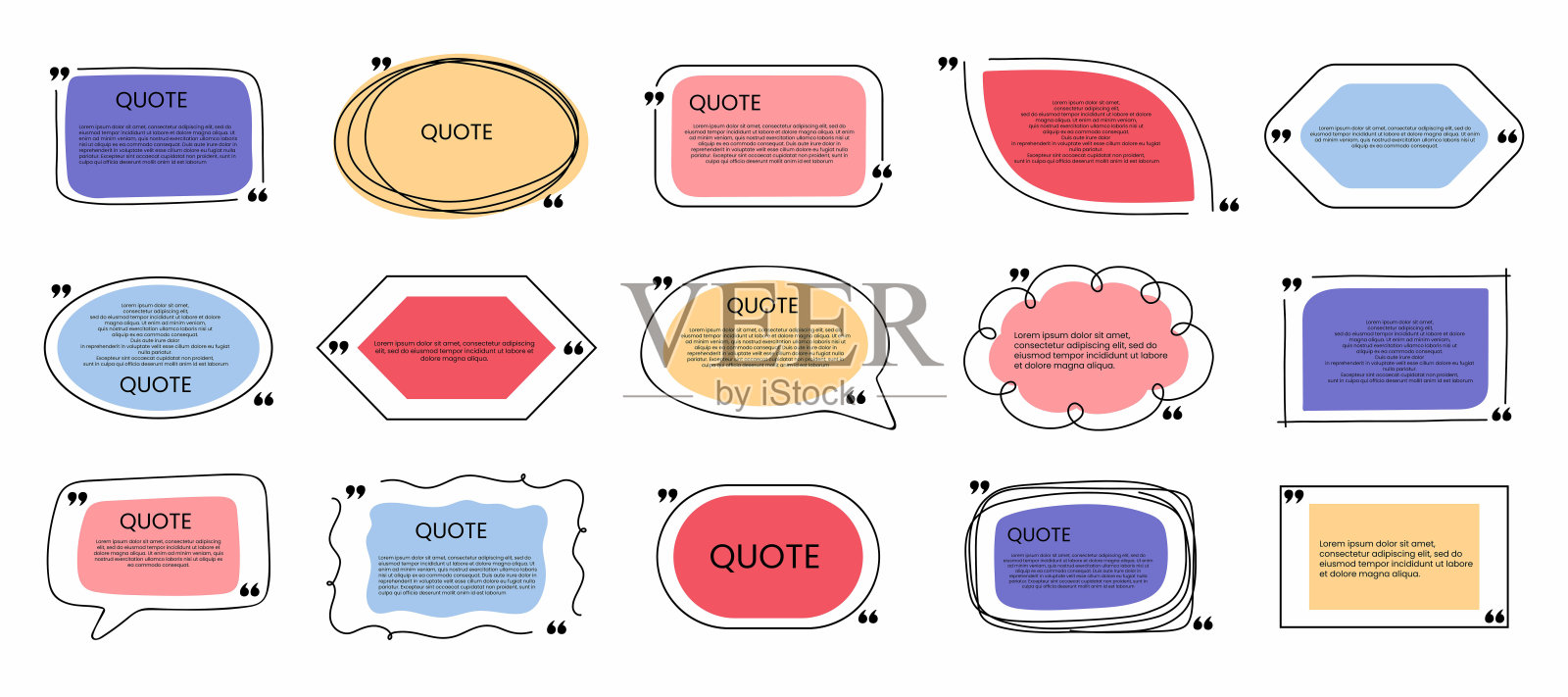 引用框架集。手绘黑色几何盒子集合双逗号符号，气泡演讲和引号。空白模板的评论或消息，创意横幅向量隔离集插画图片素材