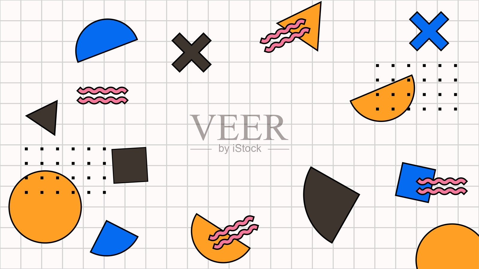 抽象的彩色平面几何图形背景。抽象构图以线条、正方形、圆点、三角形、圆形和波浪平直的风格。设计海报，介绍，卡片，封面，横幅。插画图片素材