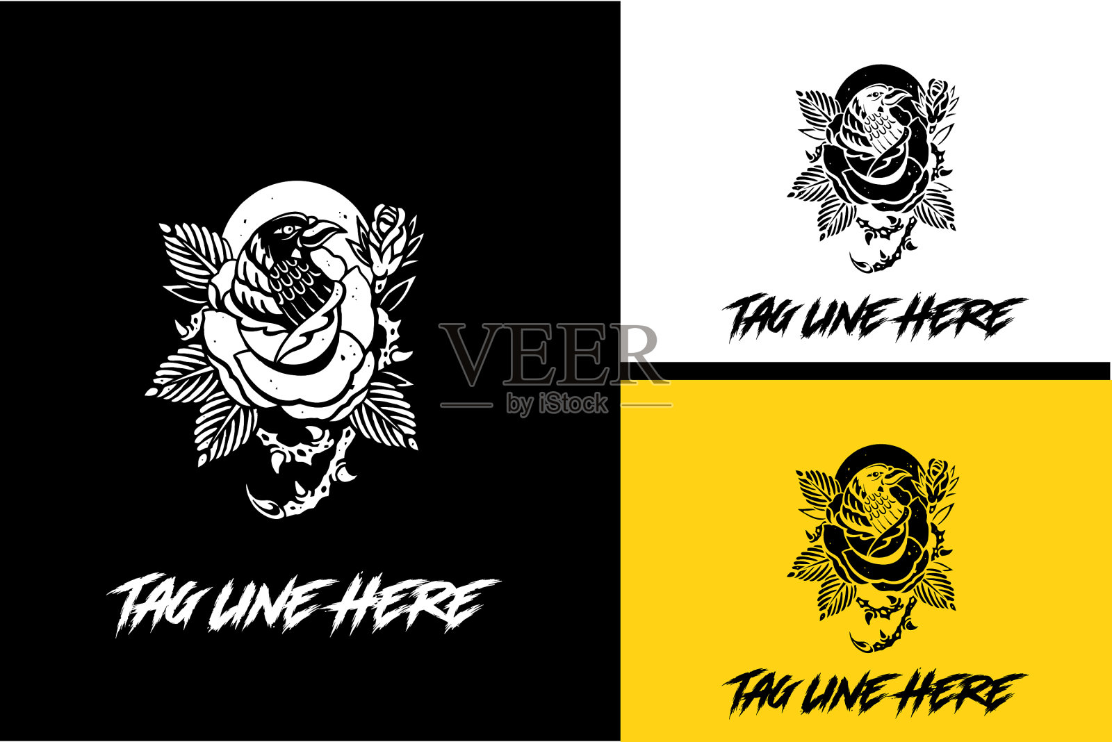 标志设计为鸟和玫瑰花的黑色和插画图片素材