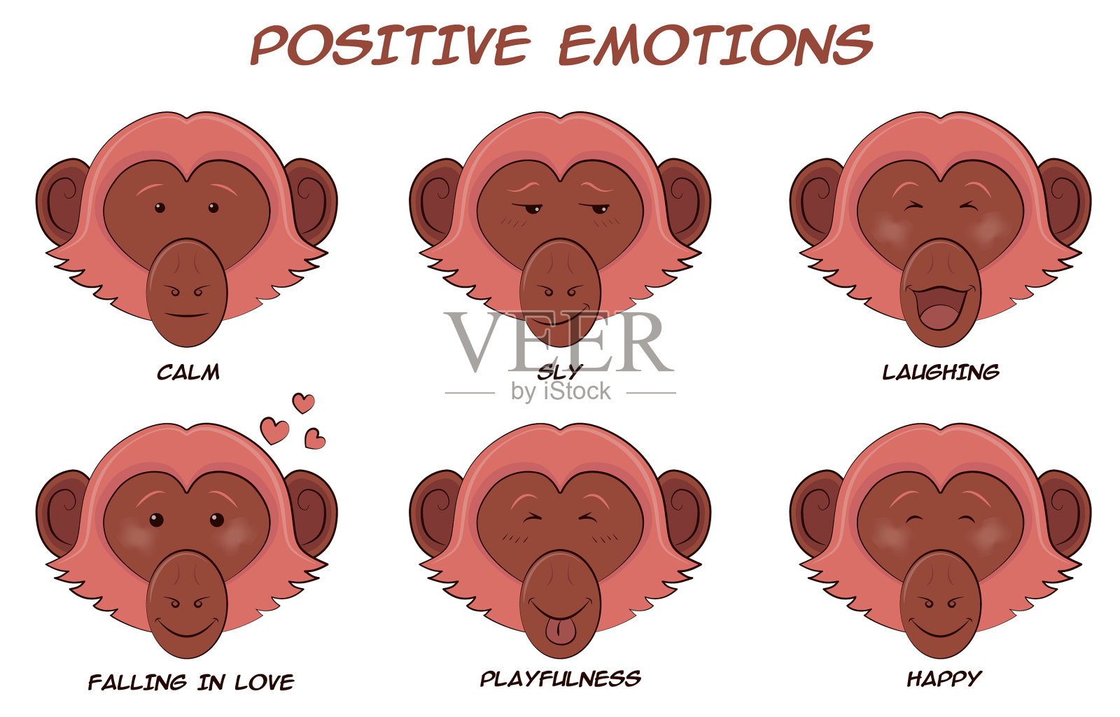 一组有着积极情绪的卡通猴子图标素材