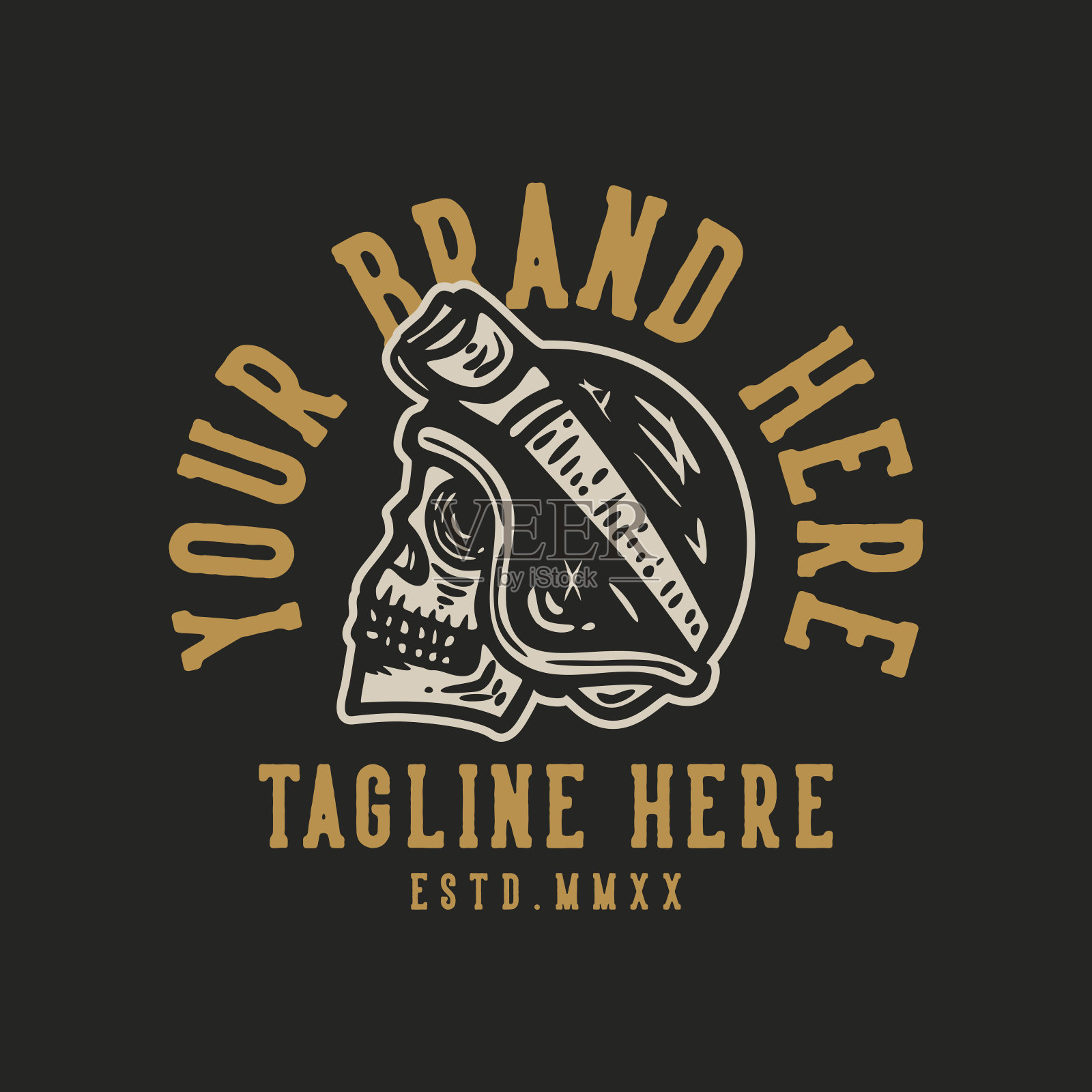 骷髅头戴头盔复古t恤设计模板插画图片素材